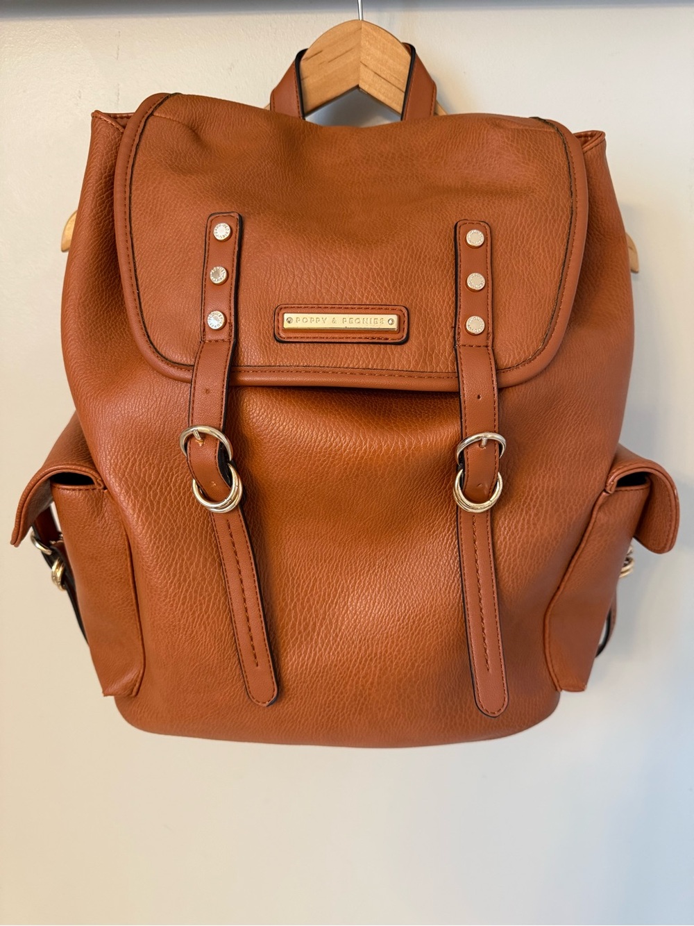 Poppy & Peonies 14" Vegan Leather Cognac Travel Bag, Bookbag, DiaperBag Backpack